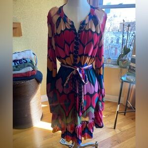 Farm Rio Multicolor Heart Pattern Long Sleeve Belted Dress
